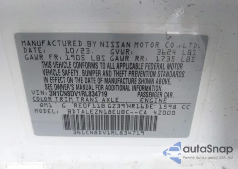 2024 Nissan Versa 1.6 S from USA, damaged, VIN 3N1CN8DV1RL834719